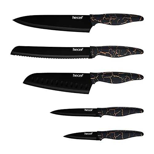 hecef 5 PCS Nonstick Coated Kitchen Knife Set with Lighting Pattern Handle and Protective Sheath, Exclusive Black Chef Knife Set, Scratch Resistance & Rust Proof