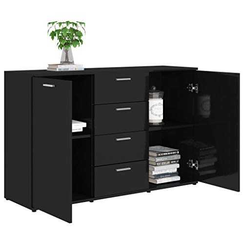 GOTOTOP Modern Sideboard with 2 Doors and 4 Drawers, 120 x 35.5 x 75 cm, Chipboard Cabinet for Living Room, Bedroom, Dining Room, Gloss Black