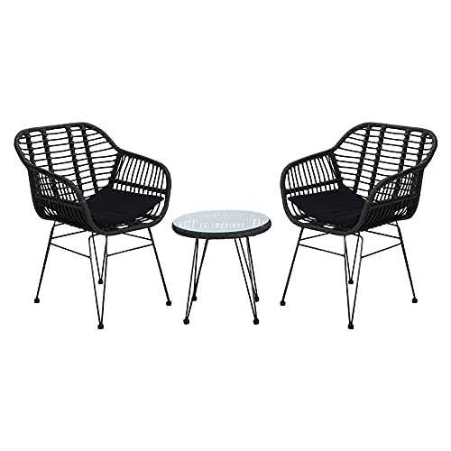 DKIEI Garden Furniture Sets 3-Piece Outdoor Patio Bistro Set Glass Top Table and 2 Rattan Chairs Modern Stylish, Black