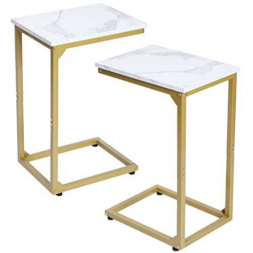 AMHANCIBLE C-Shaped Snack Table Set of 2, Small Side Tables Living Room, Accent End Table for Small Space,Bedroom,Couch,Sofa,Lamp, (Golden White Marble)