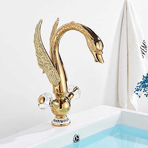 Kitchen Faucet Luxury Golden Basin Faucet Golden Swan Shape Bathroom Faucet Soild Brass Deck Mount Hot Cold Water Dual Handle Mixer Tap