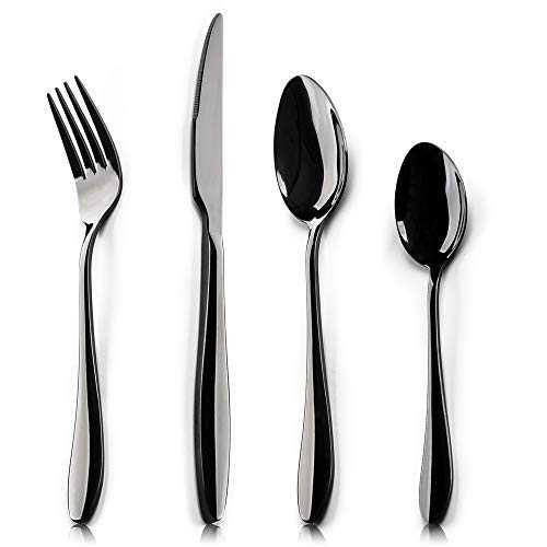 16 Piece Black Cutlery Set, HaWare Stainless Steel Knife Spoon Fork Set, Flatware Silverware Sets, Service for 6, Ideal for Camping/Home/Party, Dishwasher Safe &Heavy Duty (Shiny Black, 4 Sets)