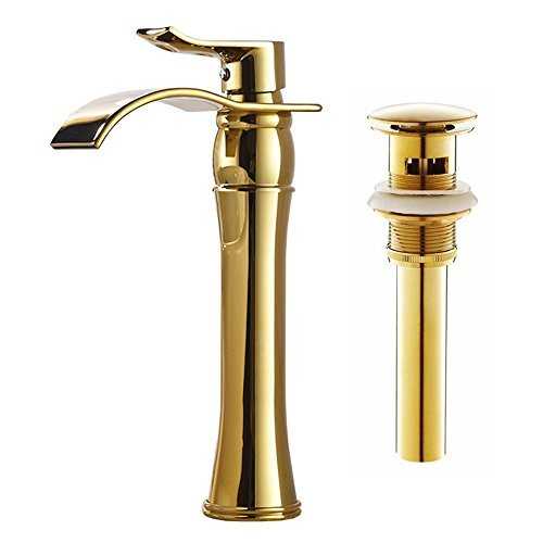 Votamuta Waterfall Spout Single Handle Bathroom Sink Vessel Faucet Basin Mixer Tap, Gold Lavatory Faucets Tall Body with Pop Up Drain