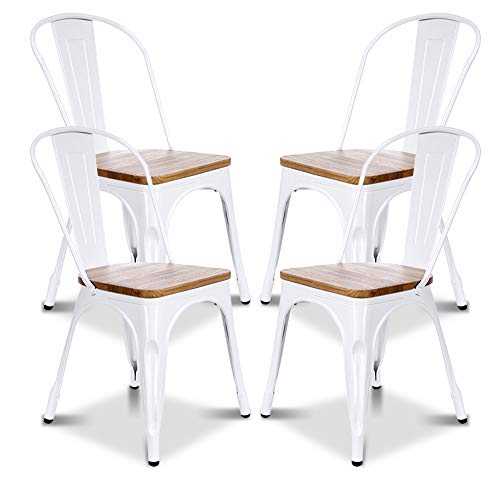 4 Dining Chairs Set, Stackable Industrial Metal Dining Chairs with Backrest and Wooden Seat, White Dining Room Kitchen Chairs for Restaurant Bistro Patio