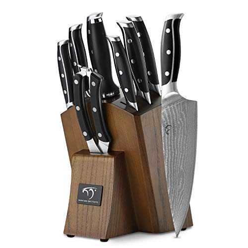 NANFANG BROTHERS 9 Pieces Kitchen Knife Set Sharpening for Chef's Knife Set with Block, Damascus Professional Knife Stainless Steel Steak Knife for Kitchen Knife with Sharpener and Scissors