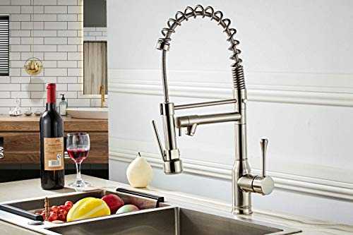 Professional Sink Mixer Tap Kitchen Faucet Brushed Nickel Brass 360 Degree Rotation Single Holder Single Hole Pull Out Sprayer + Swivel Mixer Spout Comes with UK Standard Fittings