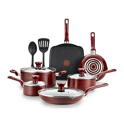 T-fal Easy Care 12-Piece Nonstick Cookware Set, Thermospot, T-fal Easy Care 12-Piece Nonstick Cookware Set, Thermospot B087SC64 (12, RED)