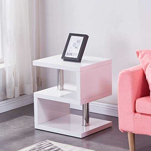 GOLDFAN High Gloss Side Table Modern S Shape Coffee Table Small 2 Tier Storage Shelves Unit for Living Room Bedroom,White