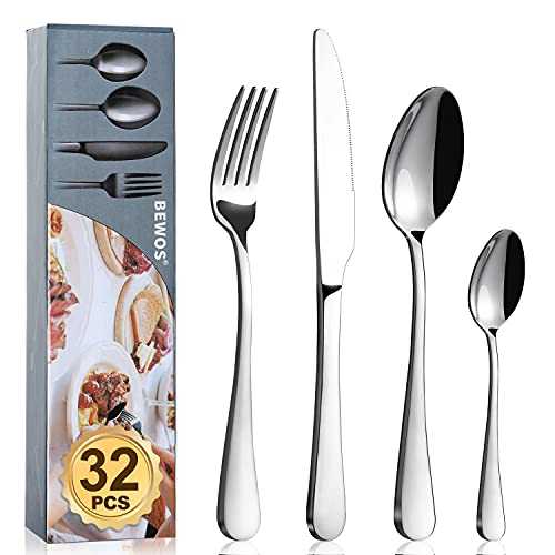 Cutlery Set, BEWOS 32 Piece Stainless Steel Flatware Set, Tableware Silverware Set with Spoon Knife and Fork Set, Service for 8, Dishwasher Safe/Easy Clean, Mirror Polished