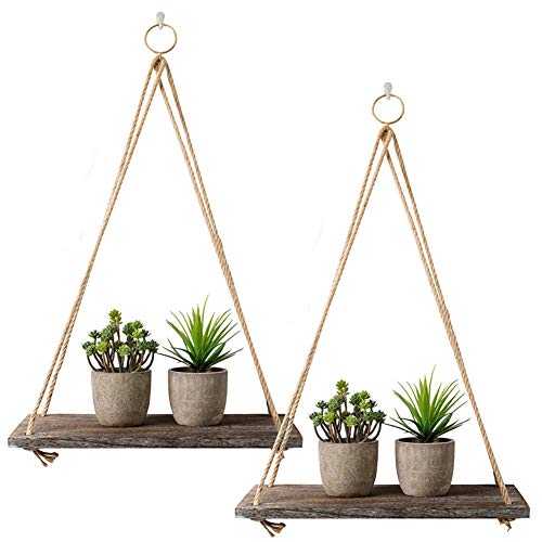 Rustic Shelf 2 Pcs Wooden Floating Shelves with String Rope Hanging Floating Shelves Rustic Distressed Wood Hanging Shelves Wood Wall Decor Swing Rope Floating Shelf with Hooks for Living Room Medium