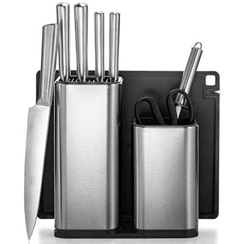 All-Inclusive 10-Piece Kitchen Knife Set with Block & Utensil Holder - 5 Stainless Steel Knives - Knife Sharpener - Kitchen Scissors - Chopping Board - Knifes & Utensils Storage, Universal Knives Set