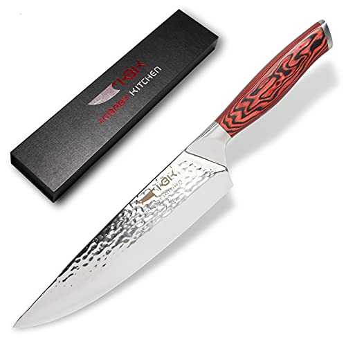 KBK Kitchen Cooking Chef Knife 8 Inch Hammer Finished Blade Full Tang Red Pakka Wood Handle High Carbon Japanese Stainless 58HRC Super Sharp Edged