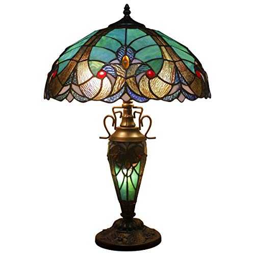 Tiffany Style Table Lamp W16H24 Inch Tall Green Stained Glass Liaison Lampshade Antique Night Light Base S160G WERFACTORY LAMPS Lover Living Room Bedroom Office Study Reading Desk Nightstand Art Gifts