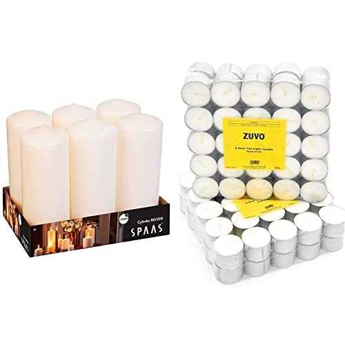 Spaas 6 Unscented Pillar Candle 80/200 mm, ?? 100 Hours, Ivory & 8 Hour Tea Lights Candles (50 Pack) - White Long Lasting Tea Lights - Unscented - 3.8 x 2.3 cm, 8hr