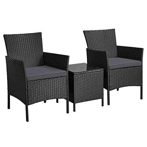 Yaheetech Garden Furniture Sets 3 Piece Rattan Dining Furniture Set Wicker Patio Chair and Coffee Table with Cushions, Black & Grey