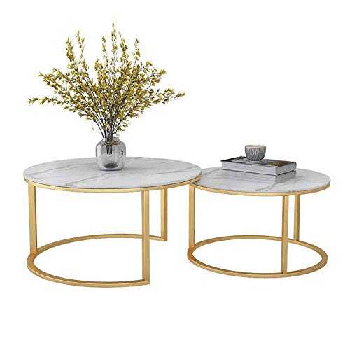 GAOLIM Modern Geometric Nesting Coffee Tables，Side Table for Living Room, Set of 2, Round Marble Tabletop with Gold Base (Color : White)