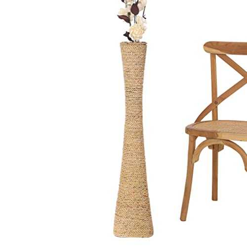 LEEWADEE Large Floor Vase – Handmade Flower Holder Made of Bamboo and Bast, Sophisticated Funnel Vessel for Decorative Branches, 90 cm, ecru
