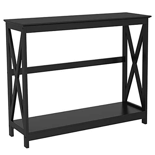 costoffs Console Table Hallway Side Desk, Wooden Entryway Table with 2 Tire Shelves for Living Room, Black, 101.5 x 30 x 81.3 cm