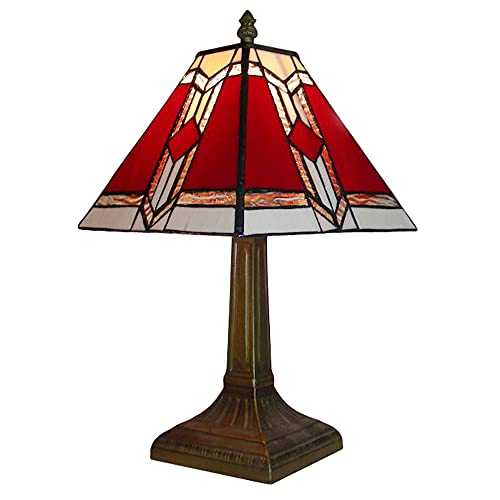 Tiffany Style Bronze Base and Red and White Stained Glass Designer Aztec Table Lamp
