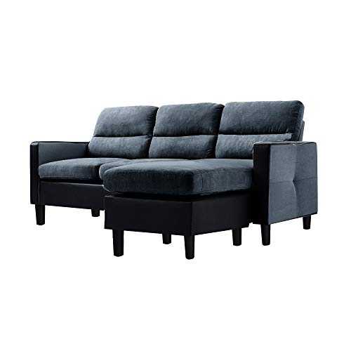 Panana 3 Seater Corner Sofa Faux Leather and Fabric Sofa L Shaped Morden Sofa Couch Settee Left & Right Hand Side Sofa with Footstool (Grey and black)