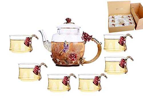 YBK Tech Creative Flower Glass Teapot and Cup Set Crystal Glass Kung Fu Tea Cup Set for Hot Beverage, Iced Tea, for Sister, Mom, Grandma, Teachers (Red rose)
