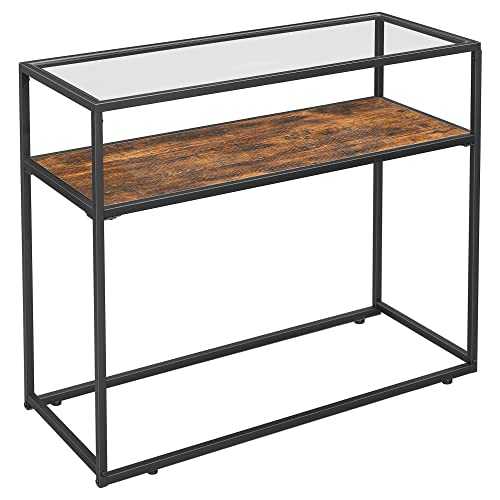VASAGLE Console Table, Entrance Console, Tempered Glass Top, Robust Steel Frame, Easy Assembly, for Living Room Hallway, Industrial Style, Rustic Brown and Black LNT10BX