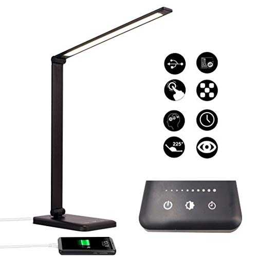 Multifunctional LED Desk Lamp, Dimmable Foldable Touch Table Lamp Rechargeable with USB Charge Port, Eye-Caring Office Lamp 5 Lighting Modes & 5 Brightness Levels, Auto Timer Sensitive Control, Black