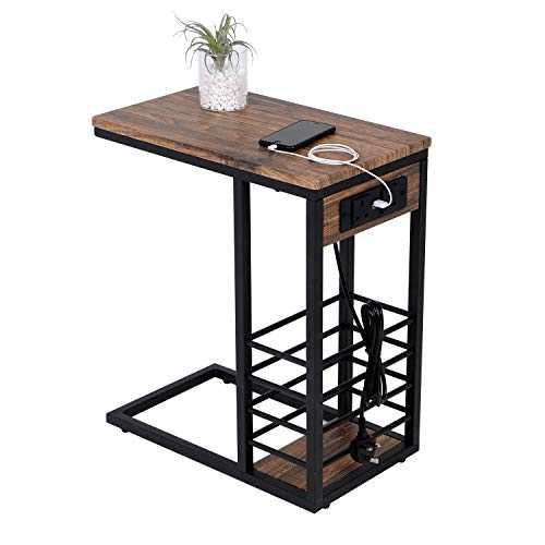 Beliwin Living Room End Table with Storage and USB Plug, Small Side/Coffee/Tea Table C Shape, Retro
