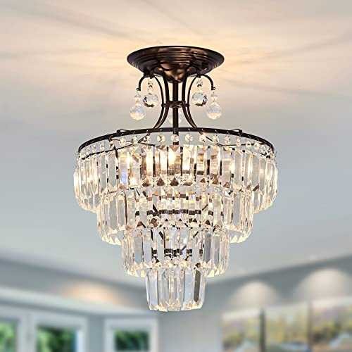 YASSLIO Modern Crystal Chandeliers, 5-Light Metal Ceiling Light Fitting,Flush Mount Ceiling Light for Bedroom, Living Room, ,Dining Room,Bathroom, Hallway