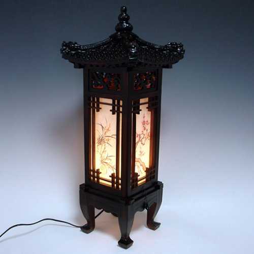 Carved Wood Lamp Handmade Traditional Korean Dragon Roof and Window Design Art Deco Lantern Brown Asian Oriental Bedside Bedroom Accent Unusual Table Light