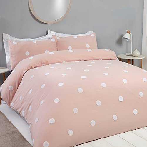 Sleepdown Tufted Polka Dots Circles Blush Pink White Soft Cosy Easy Care Luxury Duvet Cover Quilt Bedding Set with Pillowcases - Double (200cm x 200cm)