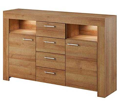 MHF SKY 5 MODERN SIDEBOARD 155CM WIDE WITH DOORS FOUR DRAWERS AND LED LIGHTS Riviera Oak Wood Effect LIVING ROOM