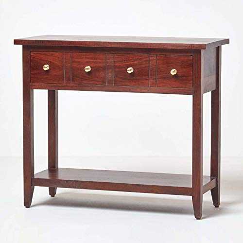 HOMESCAPES Groove Dark Wood Console Table Desk with Drawers and Adjustable Shelf Solid Mango Wood 94 x 40 x 80 cm