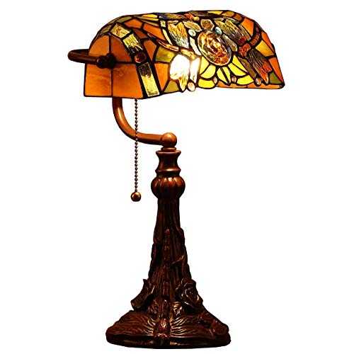 Bieye L30308 Dragonfly Tiffany Style Stained Glass Banker Desk Table Lamp with 10-inches Wide Lampshade for Reading Working, 16 inches Tall (Amber)