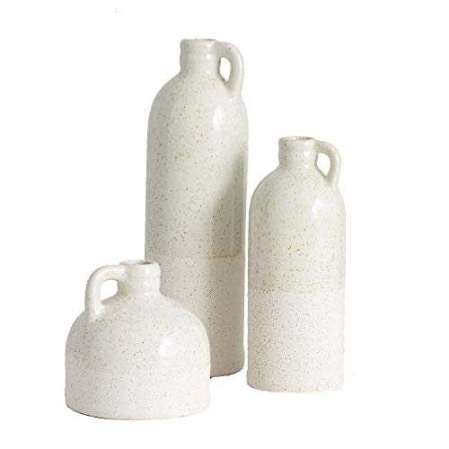 Sullivans Modern Farmhouse Distressed Two-Toned White Small Ceramic Jug Set of Three (3), 4, 7.5, 10” Tall, Crackled Finish Faux Floral Jugs, Distressed Decoration