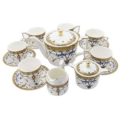 fanquare 15 Pieces Porcelain Tea Sets British Royal Series, Blue Vintage Pattern China Coffee Set, Tea Service for Adults