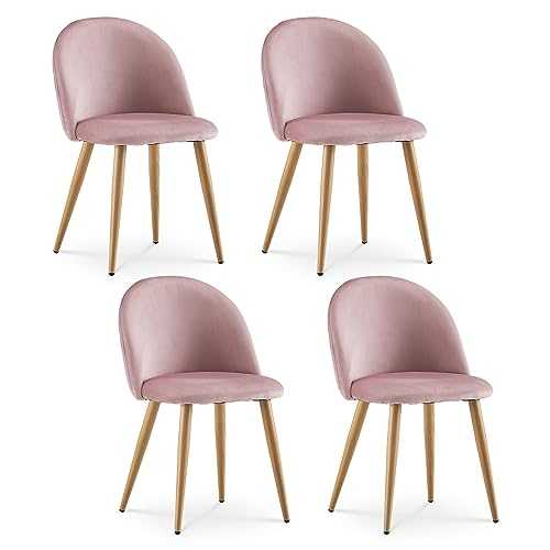 OFCASA Dining Chairs Set of 4 Pink Velvet Upholstered Seat Kitchen Counter Chair with Wood Effect Metal Legs for Home Kitchen Leisure