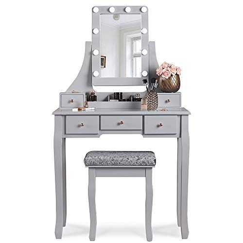 Arianna Deluxe Grey Dressing Table Set with Hollywood Bulbs LED Lights Vanity Mirror Stool Drawers