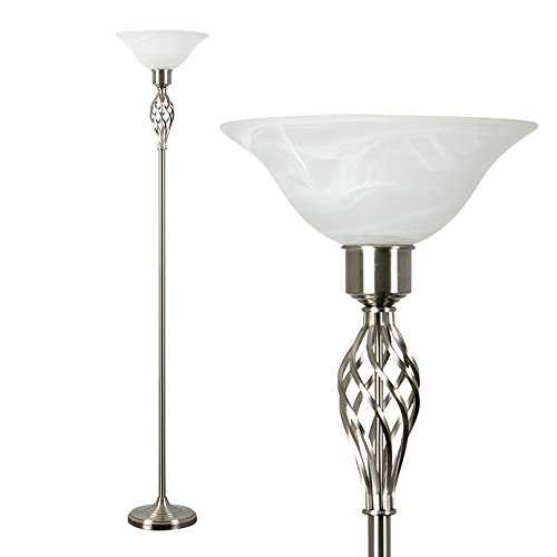 MiniSun Traditional Style Satin Nickel Barley Twist Floor Lamp with a Frosted Alabaster Shade