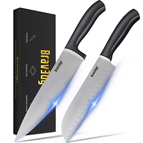 Bravedge Chef Knife Set, 8'' Chef Knife and 7'' Santoku Knife, 2-Piece Sharp Kitchen Knife Set with Gift Box, Chef Knives Set with Stainless Steel Sharp Blade and Ergonomic Handle