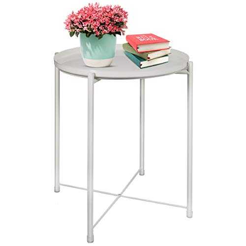 Round Tray End Table, Sofa Table Small Round Side Tables, Tray Metal End Table, Foldable Accent Coffee Table, Anti-Rust and Waterproof Outdoor & Indoor Snack Table - (H) 52 x (D) 40 CM （White）