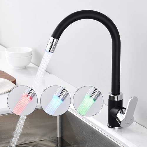 AiHom Black Kitchen Sink Tap Mixer mit LED 3 Spray Colors 360° Rotation Single Lever Kitchen Faucet in Brass for Kitchen