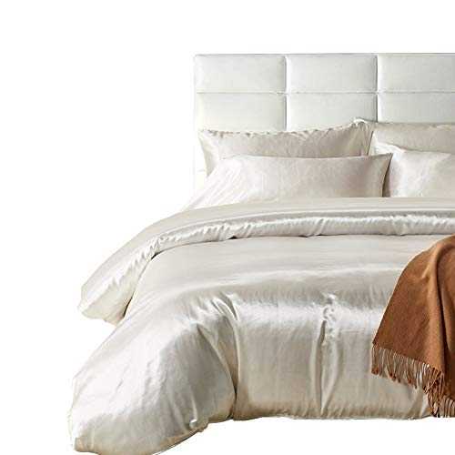 Hotniu Full Satin Silk Duvet Cover Sets - Soft Luxury Silky 3 Piece Comforter Cover Set - All Season, Shiny Vibrant Bedding Set With SHAM (King Size, White)
