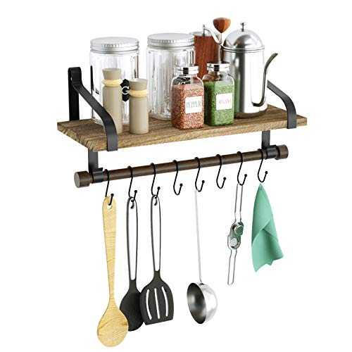 Love-KANKEI Wall Shelves for Kitchen - Rustic Wood Kitchen Organizer with Wood Rail and 8 Removable Hooks for Organize Cooking Utensils, Multi Use as Spice Rack or Bathroom Shelf, Carbonized Black