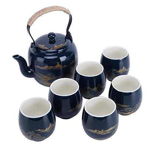 fanquare Vintage Porcelain Tea Set with Landscape Painting, Handmade Kungfu Tea Set for Adults, 1 Teapot with infuser and 6 Tea Cups