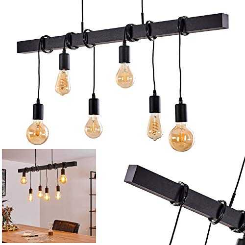 Pendant Light Barbengo in Black Wood and Metal, Stylish Vintage Hanging Light Fitting Above a Retro Table, max. Height 74 cm, for 6 x E27 Bulbs max. 40 Watt, LED Bulbs Compatible