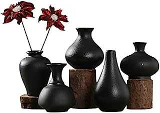 Sziqiqi Small Black Ceramic Vase Set of 5, Decorative Vases for Flowers with Minimalist Design for Home Table Centerpiece, Modern Handmade Vase for Wedding Office Living Room Kitchen Decoration