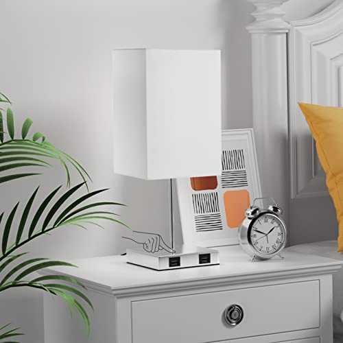 Seealle Touch Table Lamp with Dual USB Ports, USB Touch Bedside Lamp with White Fabric Lampshade and Stable Metal Base, 3 Way Dimmable Nightstand Lamp for Bedroom and Living Room (LED Bulb Included)