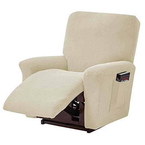 LiveGo Jacquard Recliner Chair Covers, Stretch Polyester Spandex Recliner Cover 4 Pieces, Reclining Chair Cover with Elastic Side Pocket, Armchair Cover for Living Room(Beige)