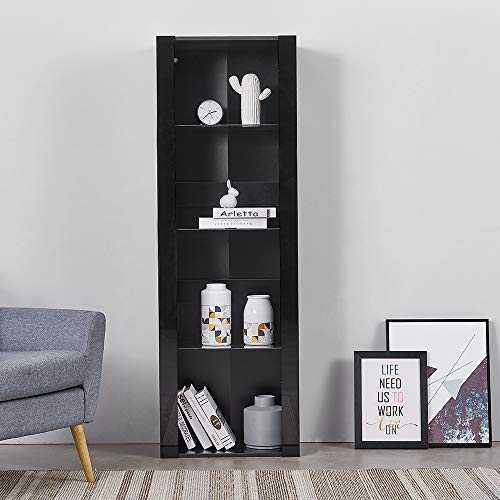 LED Tall Display Cabinet with Glass Shelf,High Gloss Fronts Living Room Cupboard Display Unit Cabinet Sideboard Free Standing Bookcase Storage(Black)